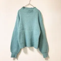 くすみブルー　リブ編み 長袖セーター　M