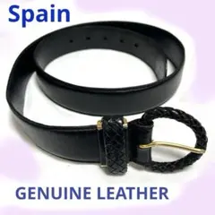 ヴィンテージ 【本革 レザーベルト】 黒　編み込みバックル 丸型 スペイン購入