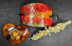 ヘアアクセサリー 3点 革製棒差し クリップ バレッタ #100-4