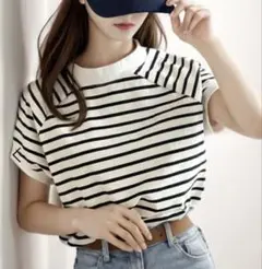 綿100% USAコットン、大人のモックネックラグランボーダー柄シンプルTシャツのサムネイル