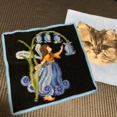 FEILER 花 妖精 刺繍 フェイラー タオルハンカチ　猫 青 シュニール織