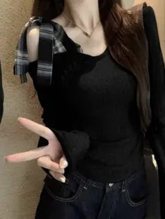SHEIN シーイン トップス 長袖 黒 リボン 肩出し スナ系 ホビ垢