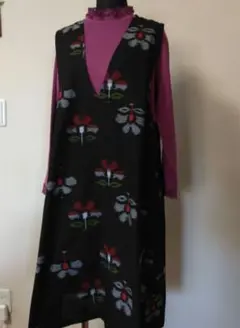 反物（久留米絣模様)ハンドメイド)　花柄Vネックジャンパースカート