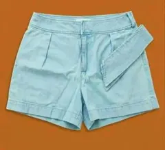 ライトブルー デニム風 ショートパンツ シンプル カジュアル 夏服 ベルト付きのサムネイル