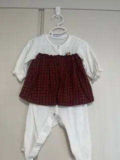 赤と緑のチェック柄　ファミリア　familiar ロンパース　赤チェック　70