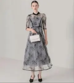 leja パイピングハイネック花柄ラメレースワンピースドレス M