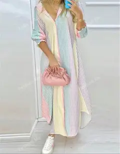 春コーデ　シャツワンピース　ストライプシャツワンピース