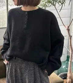 黒 ボタン付きヘンリーネック ニットセーター XL
