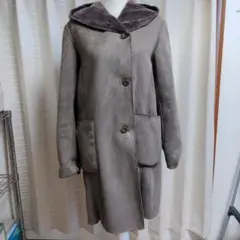 グレー スエード風 フード付きロングコート