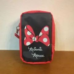 ミニーマウス ナイロンポーチ デジカメケース 赤×黒 リボンデザイン