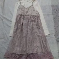 【未使用】ピンク系刺繍レース重ね着風ワンピース 130cm