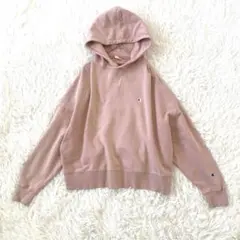 Champion ピンク フード付きパーカー　トレーナー ロゴ刺繍 L