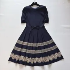 M'S GRACY エムズグレイシー 膝丈ワンピース ネイビー リボン レース柄