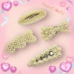 パッチンピン♥おリボン＆ハート♥フェイクパール♥4点セット♥在庫処分SALE★
