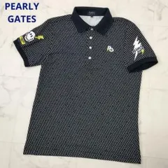 パーリーゲイツ　半袖ポロシャツ　イナズマ　ロゴ総柄　ストレッチ　紺色　サイズ4