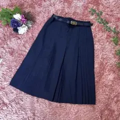 ベルト付きプリーツスカート　L〜XL相当　ネイビー　濃紺　上品　綺麗め