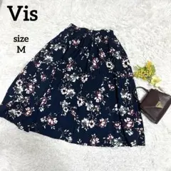ヴィス 花柄ロングスカート フレア ウエストゴム ネイビー 大人カジュアル M
