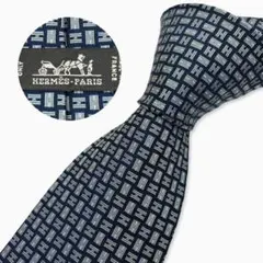 HERMES シルクネクタイ Hロゴ 幾何学柄 ネイビー
