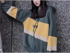 大人気 パーカー フード スウェット オーバーサイズ 裏起毛 韓国 グリーン