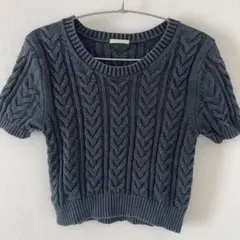 ダークグレー ケーブル編み 半袖ニット L