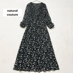 ナチュラルクチュール ピンタックプリーツお上品ワンピース 花柄 ブラック 長袖