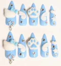 かわいい　水色 猫 ネイルチップセット