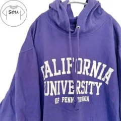 カレッジロゴ パーカー L 紫 薄手 ゆるダボ フーディ ユニセックス 古着