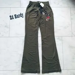 【新品】エドハーディ y2k バラ刺繍入り オリーブグリーン フレアパンツ XS