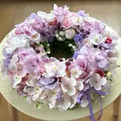 ＊ふっくらピンク紫系紫陽花とローズのお花いっぱいフラワーリース(30cm)