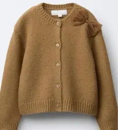 ブラウン リボン付き ニットカーディガン