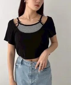 レイヤード風リボン付きトップス　半袖　Tシャツ　ナイスクラップ　ウィッシュコア