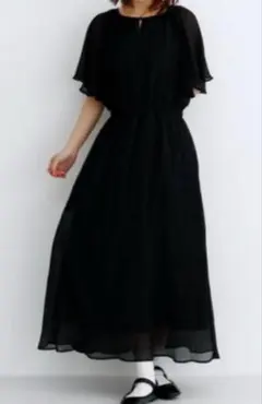 楊柳ブラウジングギャザーワンピース 黒