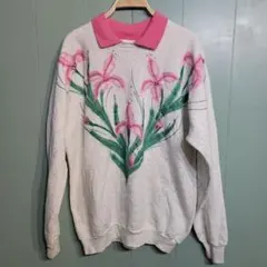 フルーツオブザルーム USA製 襟付きスウェット 花柄 百合 ラメ ピンク
