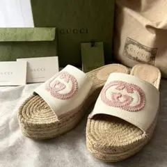 ほぼ未使用 グッチ サンダル エスパドリーユ 36 23cm ピンク 袋 箱付