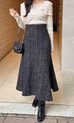 イング　バックレースアップツイードマーメイドスカート　ブラック