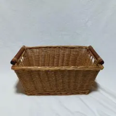 籐製長方形バスケット 木製ハンドル付き
