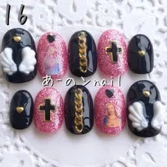 16番☆ネイルチップ 3Dゆめかわガーリー地雷量産型個性派羽黒ピンクラメキラキラ