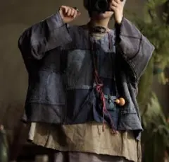 ヴィンテージ風　古布パッチワーク　ゆったり　長袖ブラウス