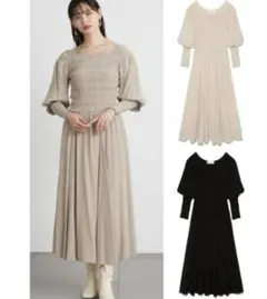 【リリーブラウン】パフスリーブ シャーリングデザイン ロング丈 ワンピース