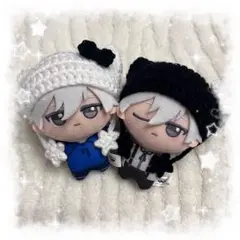 編み物 ちびぐるみ ぬい服 猫耳ニット帽 白黒リボンセット