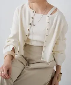 オメカシ 象牙色 長袖開襟毛衣