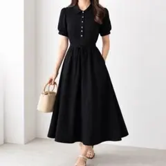 無印良品【M】ロングワンピース 半袖 Aラインウエストリボン シャツカラー 黒