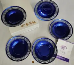 新品　未使用　香蘭社　ルリ 七宝 茶托 5点　七宝焼 ブルー 青　茶台　受け皿