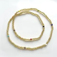 ハンドメイド ビーズネックレス 2連アンクレット クリアゴールド カラフル