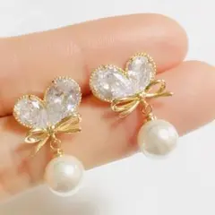 14KGP s925ポスト　キラキラ　ハート　リボン　揺れ揺れ　パール　ピアス