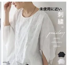 SALE❗️未使用に近い　アンティカ　ペイズリー刺繍トップス　ドルマン　ホワイトのサムネイル