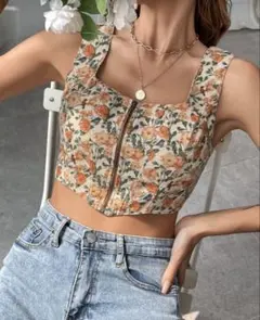SHEIN オールオーバーフローラルプリント ジップアップ シール タンクトップ