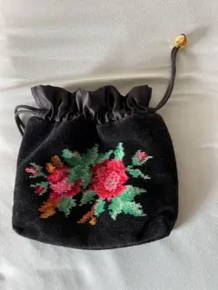 FEILER フラワー刺繍 ブラック巾着ポーチ