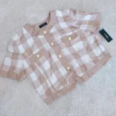 美品 19 BOX チェック柄 半袖 ジャケット パールボタン 19号 大きい