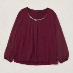 エスプリミュール　シフォンブラウス　長袖　ビジュー　Uネック　ワインレッド　LLのサムネイル